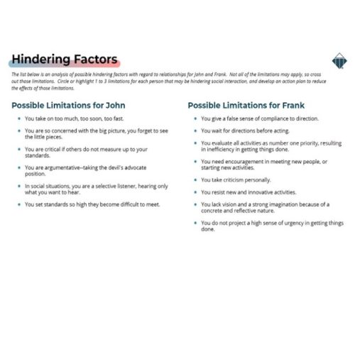 DISC Relationship Insights Comparison Report Hindering Factors Sample Image